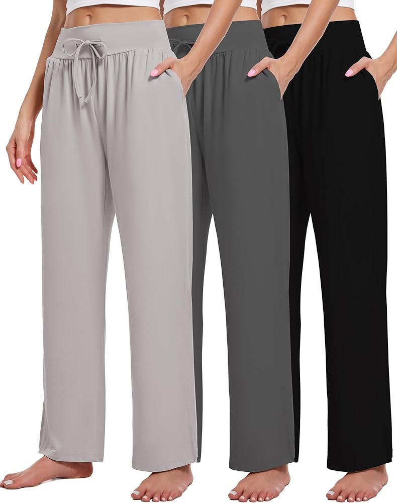 Kivdol 3 Pack Women's Lounge Pants Wide Leg Yoga Sweatpants with Pockets High Waisted Drawstring ... | Amazon (US)