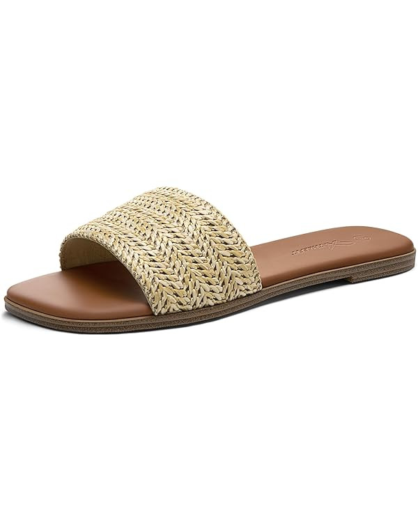 Athlefit Flat Sandals for Women Summer Raffia Square Toe Comfortable Slip On Dressy Casual Slide ... | Amazon (US)
