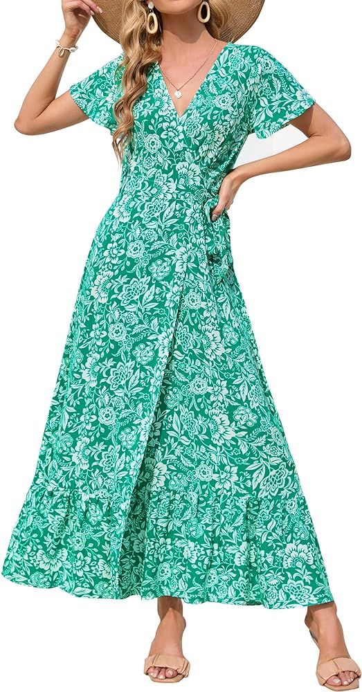 ZESICA Women's 2024 Bohemian Floral Printed Wrap V Neck Short Sleeve Split Beach Party Maxi Dress | Amazon (US)