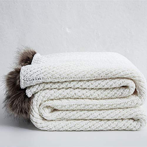 vctops Fur Pom Pom Knit Throw Blanket Super Soft Warm Cozy Cable Knitted Blanket for Sofa and Couch  | Amazon (US)