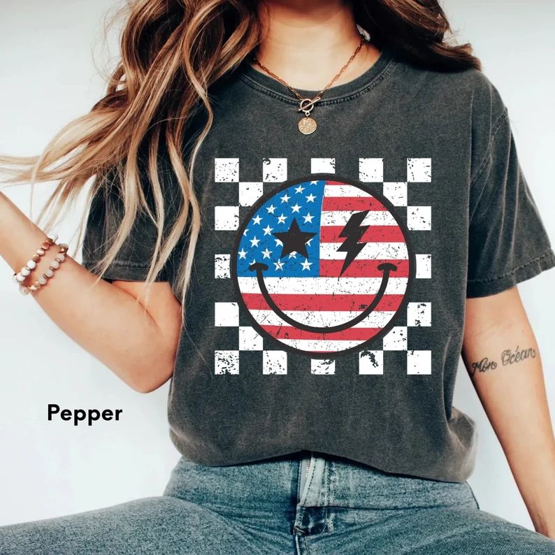 Comfort Colors® Happy Face Checkered Blue & Red Shirt,memorial Day,flag Smiley Shirt,4th of July... | Etsy (US)