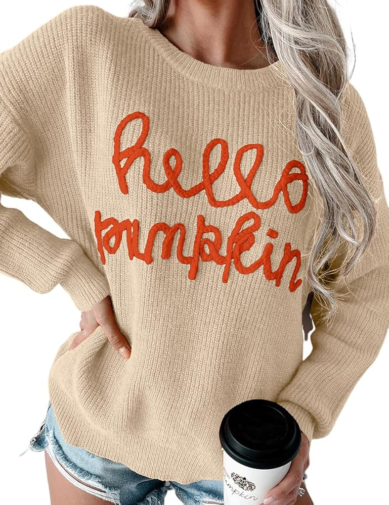 Ecosunny Womens Halloween Sweater Casual Crew Neck Hello Pumpkin Graphic Pullover Long Sleeve Loo... | Amazon (US)