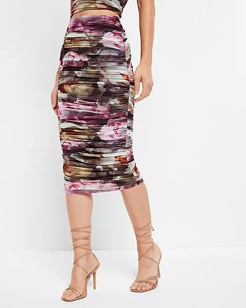 Express  Body Contour Floral Mesh Ruched Midi Skirt With Built-In