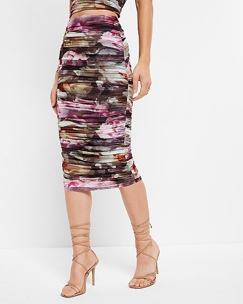 Body Contour Floral Mesh Ruched Midi Skirt With Built-In Shapewear | Express