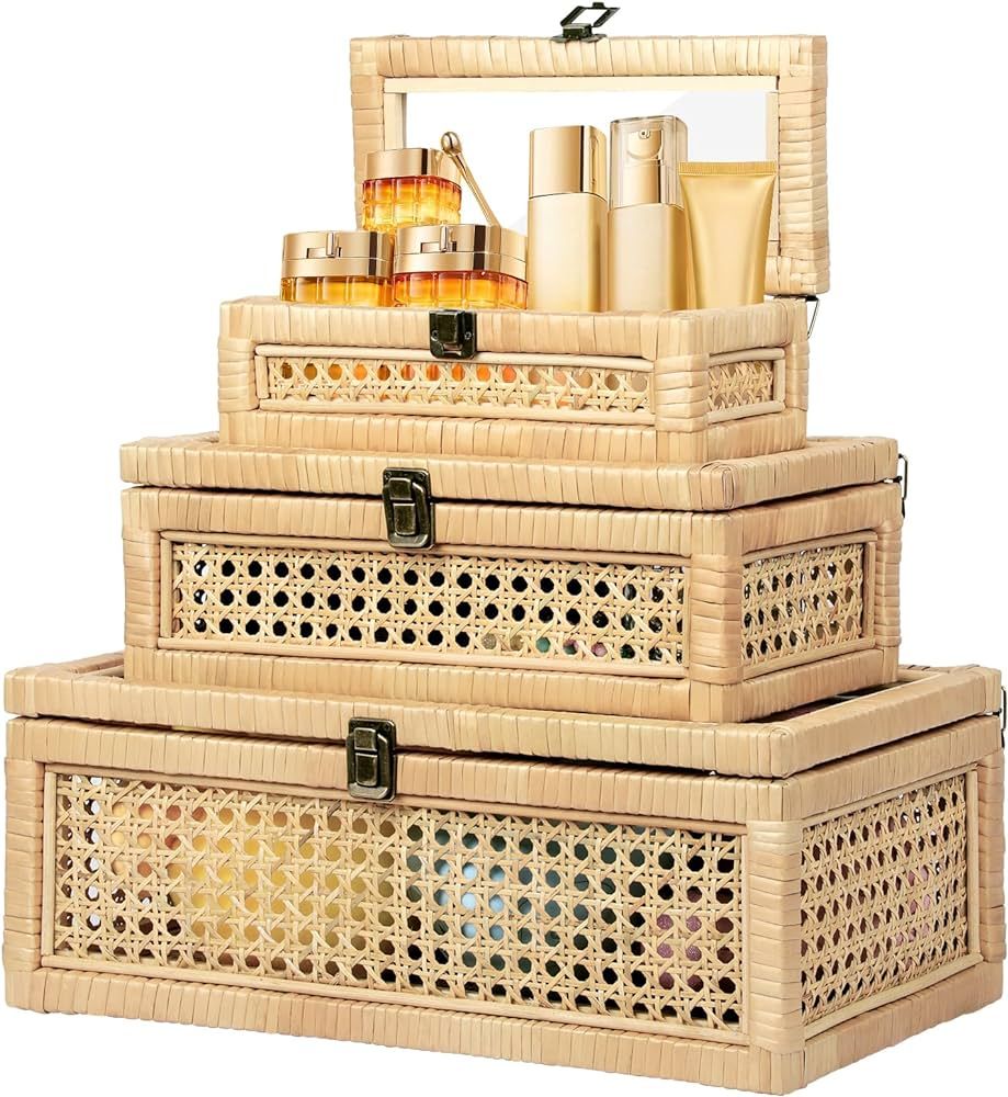 kenvc Rattan Box with Lid, Rattan Display Boxes with Glass Lids, Decorative Boxes for Home Decor,... | Amazon (US)