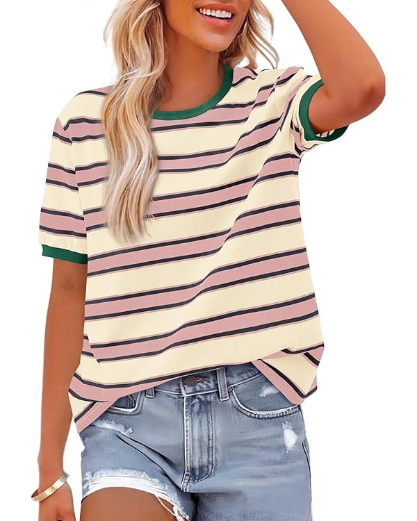 BTFBM Summer Tops for Women 2026 Crewneck Short Sleeve Striped T Shirts Casual Spring Clothes Col... | Amazon (CA)