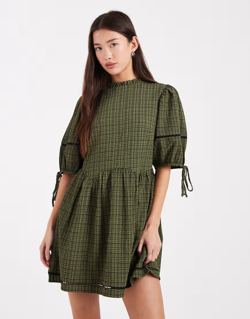 Wednesday's Girl mini textured smock dress in green plaid | ASOS (Global)