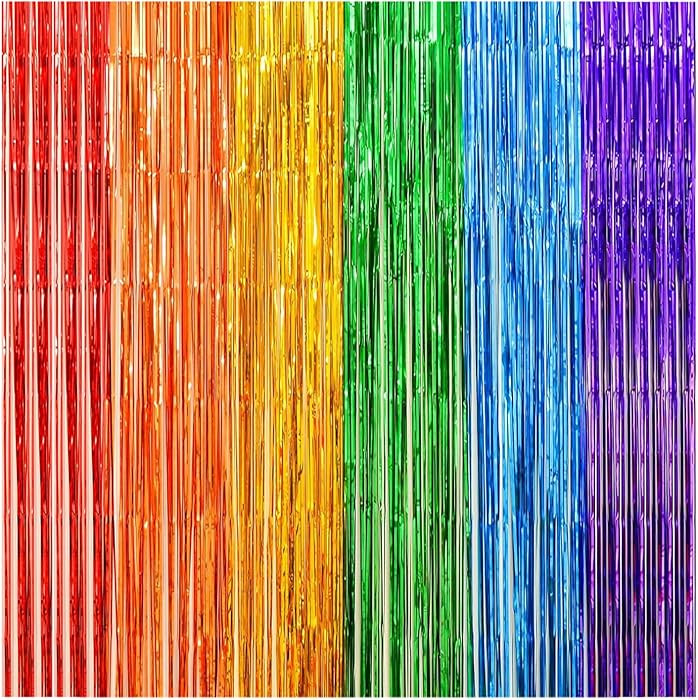 2 Pack Rainbow Foil Fringe Curtains, 3.3x6.6 Ft Metallic Tinsel Backdrop Party Decorations Door R... | Amazon (US)