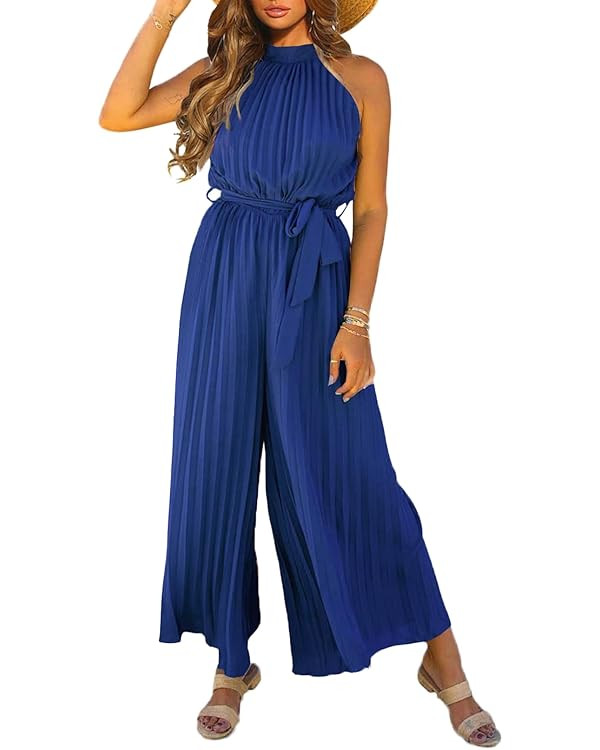 Happy Sailed Women's Jumpsuits Summer Sleeveless Halter Neck Wasit Belt Wide Leg Pants Romper Chi... | Amazon (US)