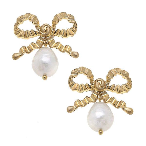 Kate Bow & Pearl Drop Earrings in Worn Gold | CANVAS