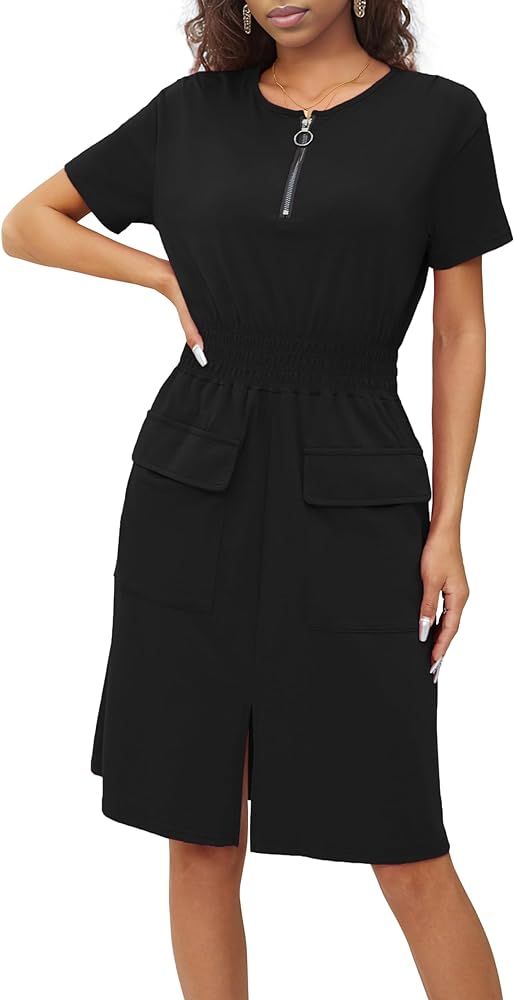 Ann Darling Womens Summer Work Tshirt Dress Smocked Waist Office Dresses with Pockets | Amazon (US)