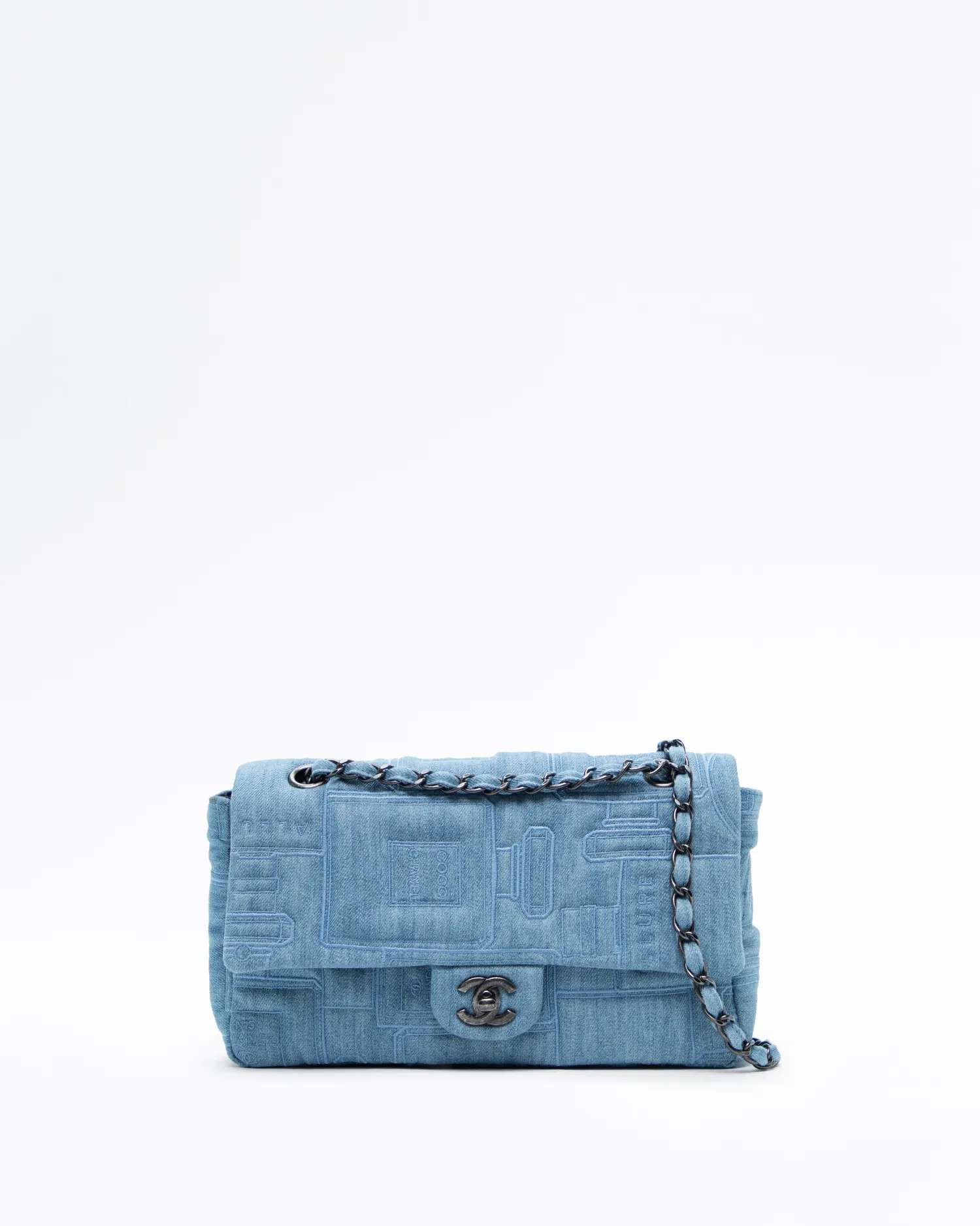 Denim Perfume Embroidered Flap Bag | Vivrelle