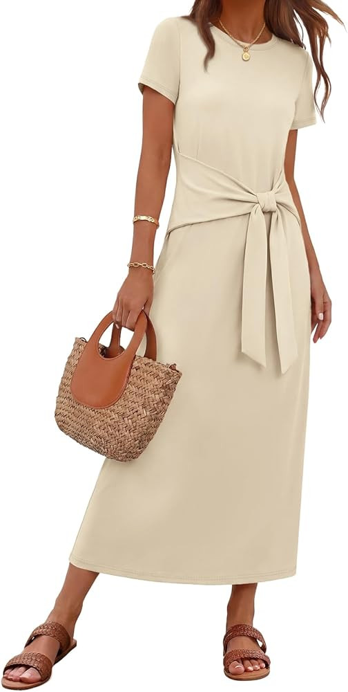 MEROKEETY Women's 2026 Summer Casual T Shirt Dresses Short Sleeve Tie Waist Long Work Beach Vacat... | Amazon (US)