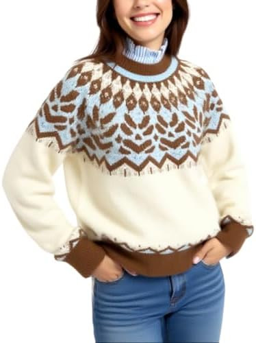 Women's Retro Brown Mock Neck Sweaters Chunky Long Sleeve Knit Pullover Tops 2025 Fall Floral Pri... | Amazon (US)