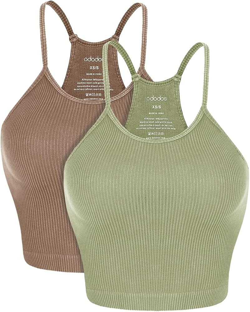 ODODOS Women's Crop 3-Pack Washed Seamless Rib-Knit Camisole Crop Tank Tops | Amazon (US)