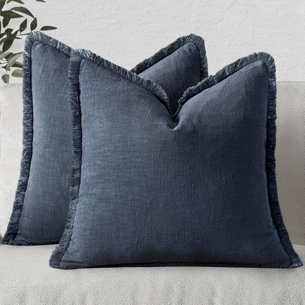 MIULEE Decorative Throw Pillow Covers Neutral Linen Fringe Throw Pillows Set of 2 Indigo Blue Boh... | Amazon (US)