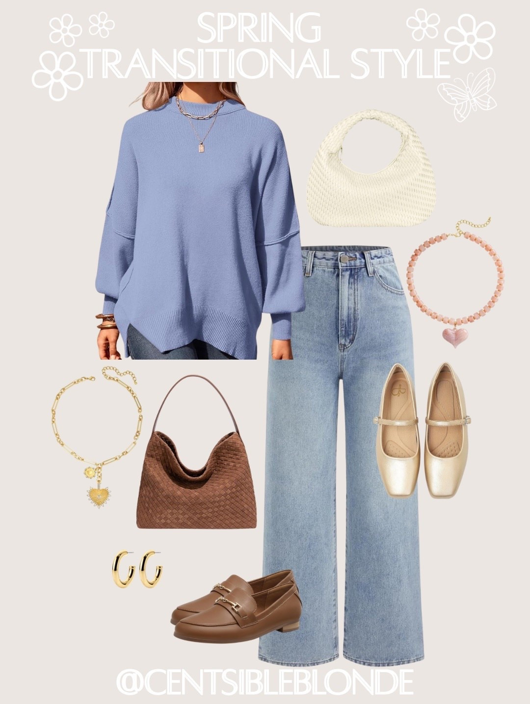 Spring transitional style, Amazon outfit, Amazon style, spring style, blue sweater, gold flats, work flats, Mary Jane flats, brown handbag, heart necklace, gold hoops, gold earrings, woven handbag, brown loafers, gold necklace, high waisted jeans, cider jeans, Amazon jeans, wide leg jeans, gold jewelry, casual Friday, business casual, weekend style, work to weekend

#LTKootd #LTKWorkwear #LTKMidsize