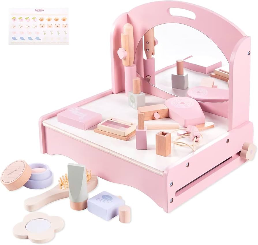 TUKELER Wooden Makeup Toy Set with Mirror&Table, Toddler Makeup Vanity,Portable Pretend Beauty Sa... | Amazon (US)