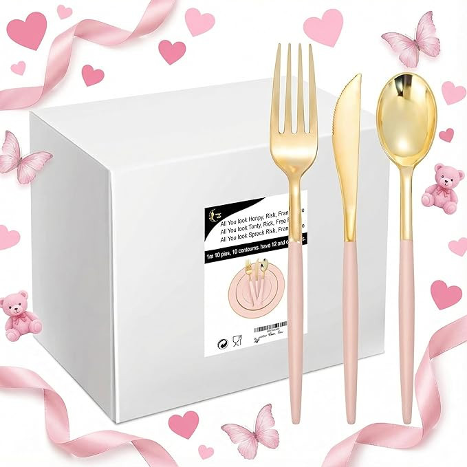 I00000 144Pcs Pink Plastic Silverware, Gold Disposable Flatware with Pink Handle, Gold Plastic Cu... | Amazon (US)