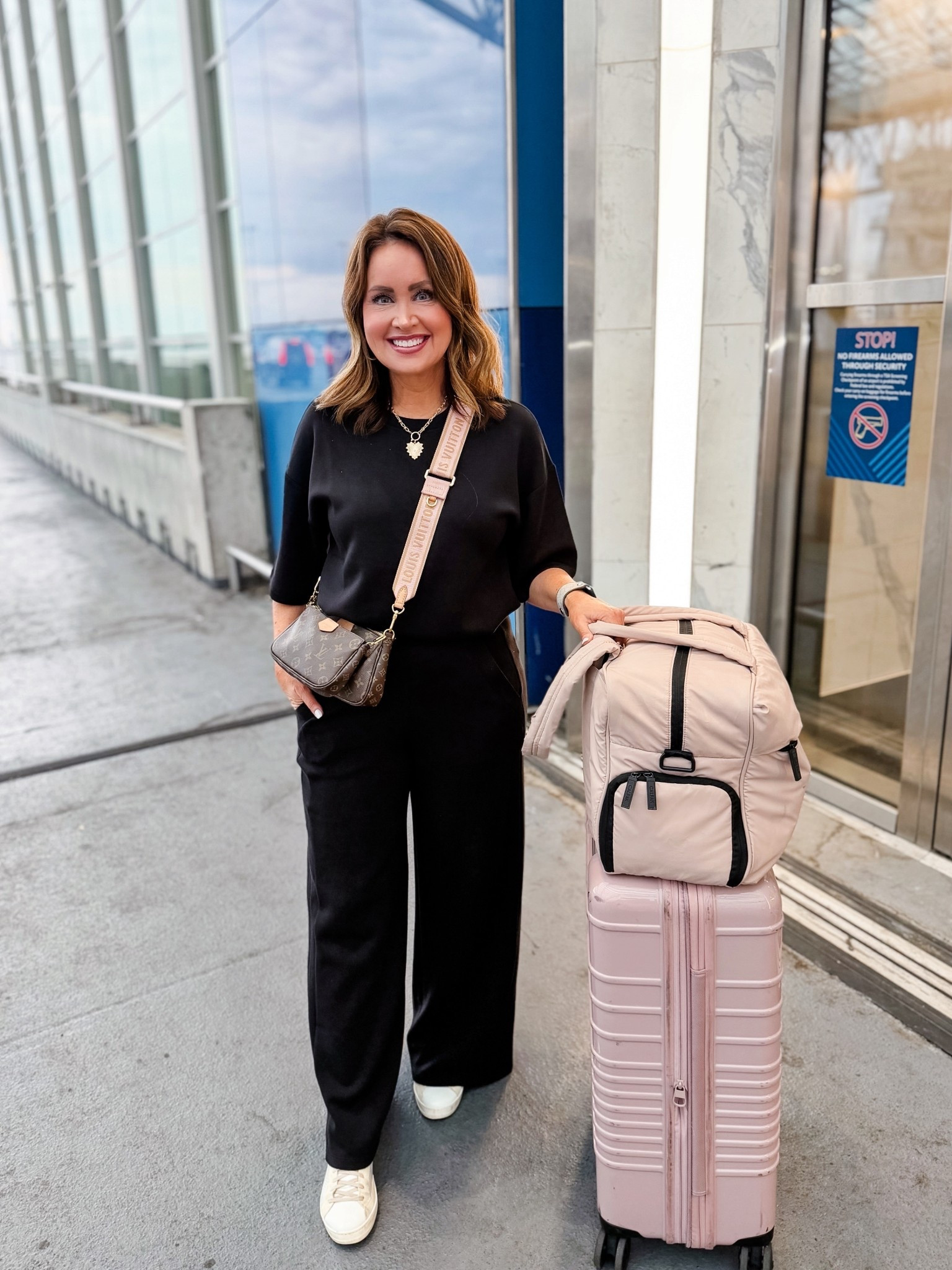 Travel ootd 
Use code LAURAXSPANX on my Spanx outfit 
Size down in top, pants run true to size 

Use code LAURA on my earrings & necklace 

#LTKOver40 #LTKootd #LTKTravel