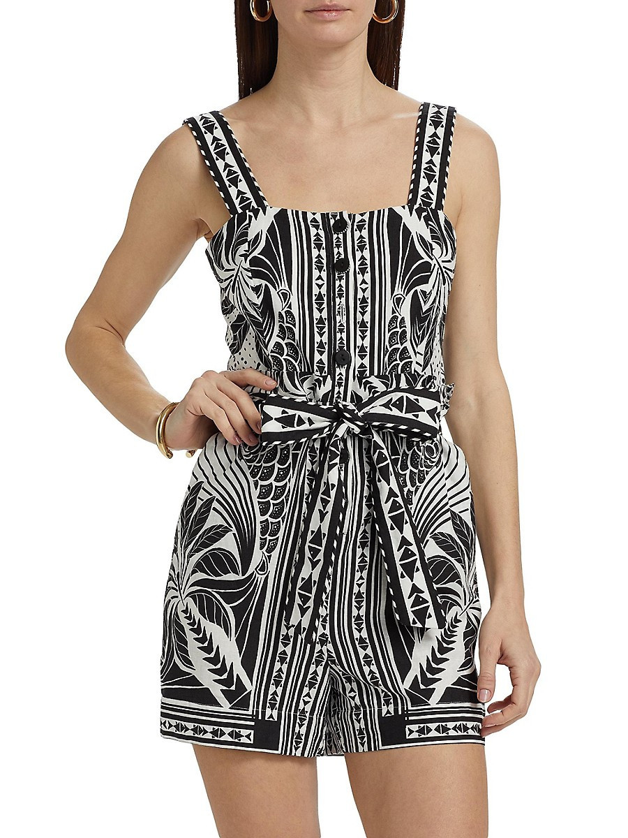 Farm Rio Women's Monochrome Linen-Blend Botanical-Print Romper - Black White - Size S | Saks Fifth Avenue OFF 5TH