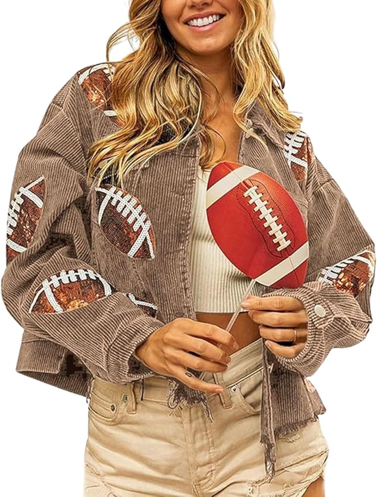 SeekMe Women's Cropped Corduroy Jacket Football Sequin Patched Short Button Raw Hem Jacket Coat | Amazon (US)