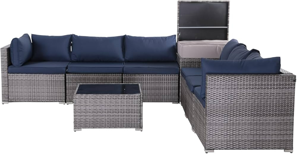 Patio Outdoor Furniture Set 8 Pieces Rattan Wicker Sectional Sofa Couch Conversation Set with Sto... | Amazon (US)