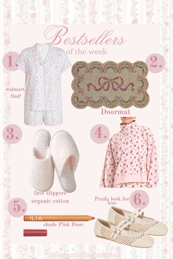 Best sellers of the week! Your top faves 🎀 Walmart pajamas, LoveShackFancy doormat, organic cotton slippers from haven well, target active, Nordstrom beauty, Prada look for less flats🫶🏼

#LTKFindsUnder50 #LTKSeasonal #LTKFindsUnder100