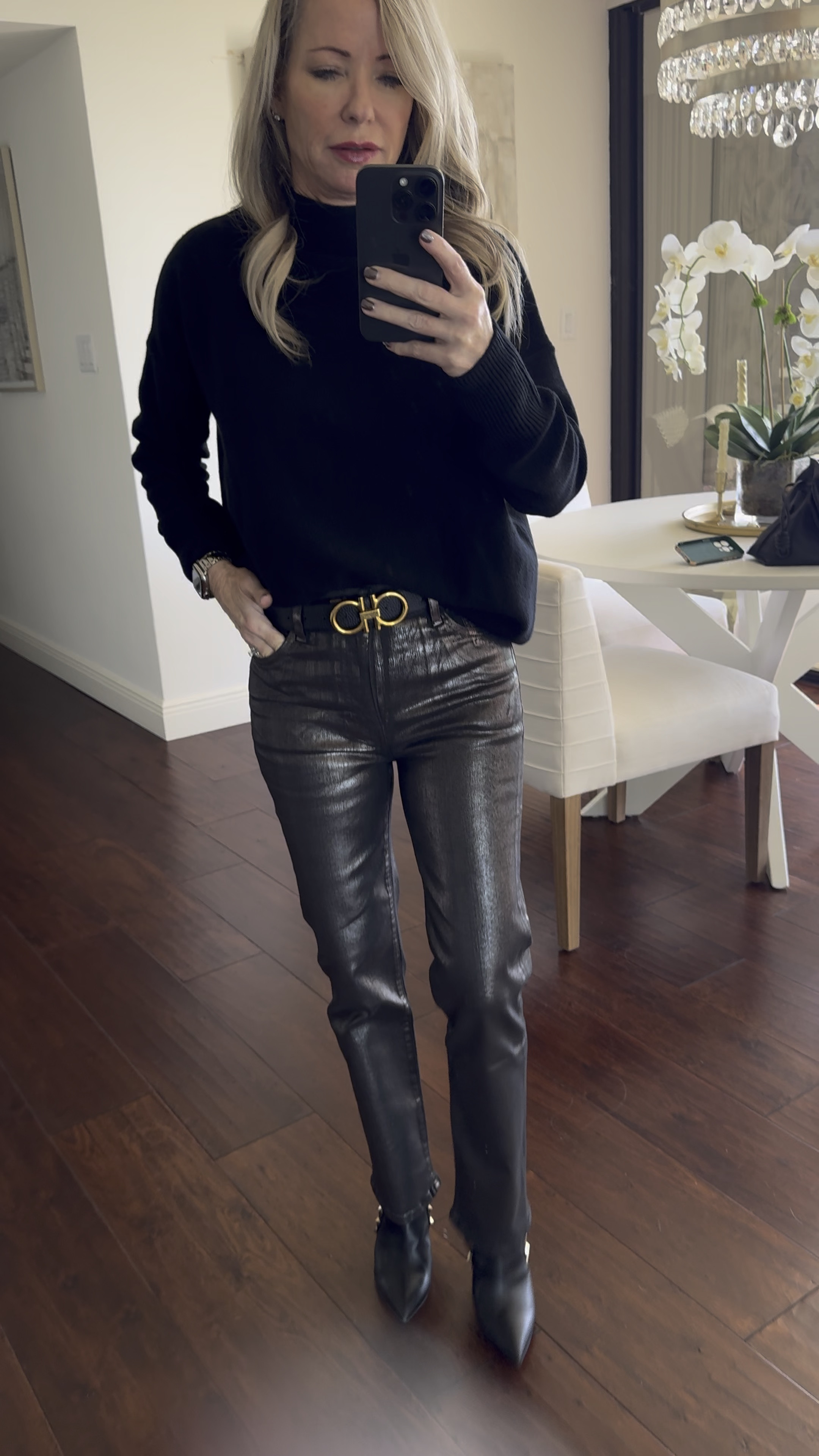 Edgy glam date night outfit with a funnel neck cashmere sweater and metallic coated denim!

#LTKOver40 #LTKStyleTip #LTKSeasonal