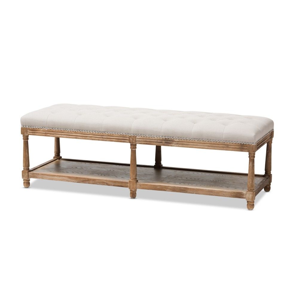 Celeste French Country Weathered Oak - Linen Upholstered Ottoman Bench Beige - Baxton Studio, Adult Unisex | Target