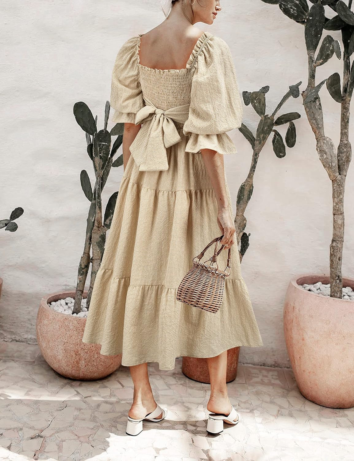 UIMLK Women's Puff Sleeve Smocked Gingham Off The Shoulder Back Bow Tie Flowy Cottagecore Bohemia... | Amazon (US)