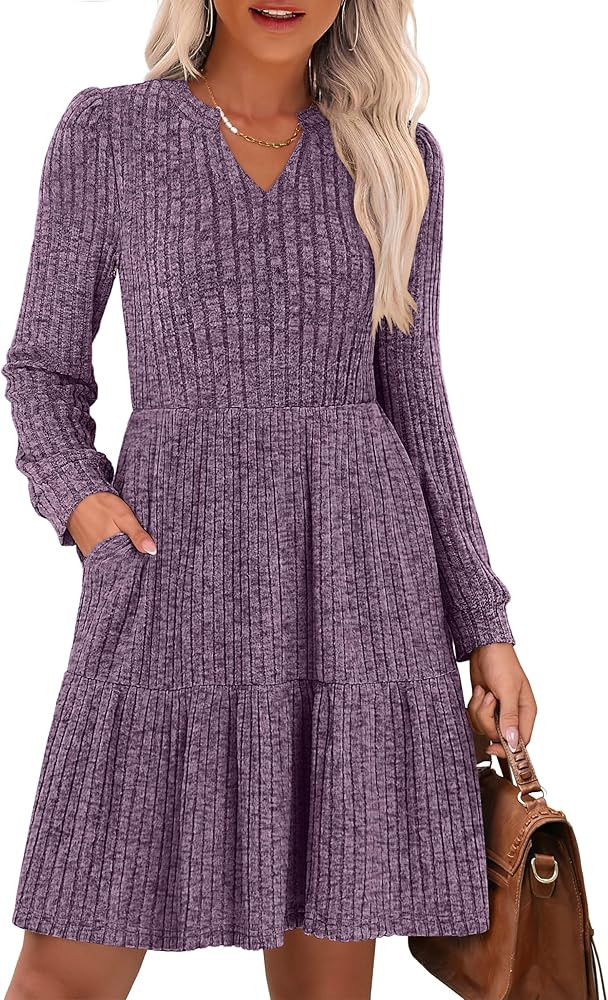ANRABESS Long Sleeve Dress for Women Fall Fashion Outfits 2025 Casual V Neck Rib Knit Babydoll Sw... | Amazon (US)
