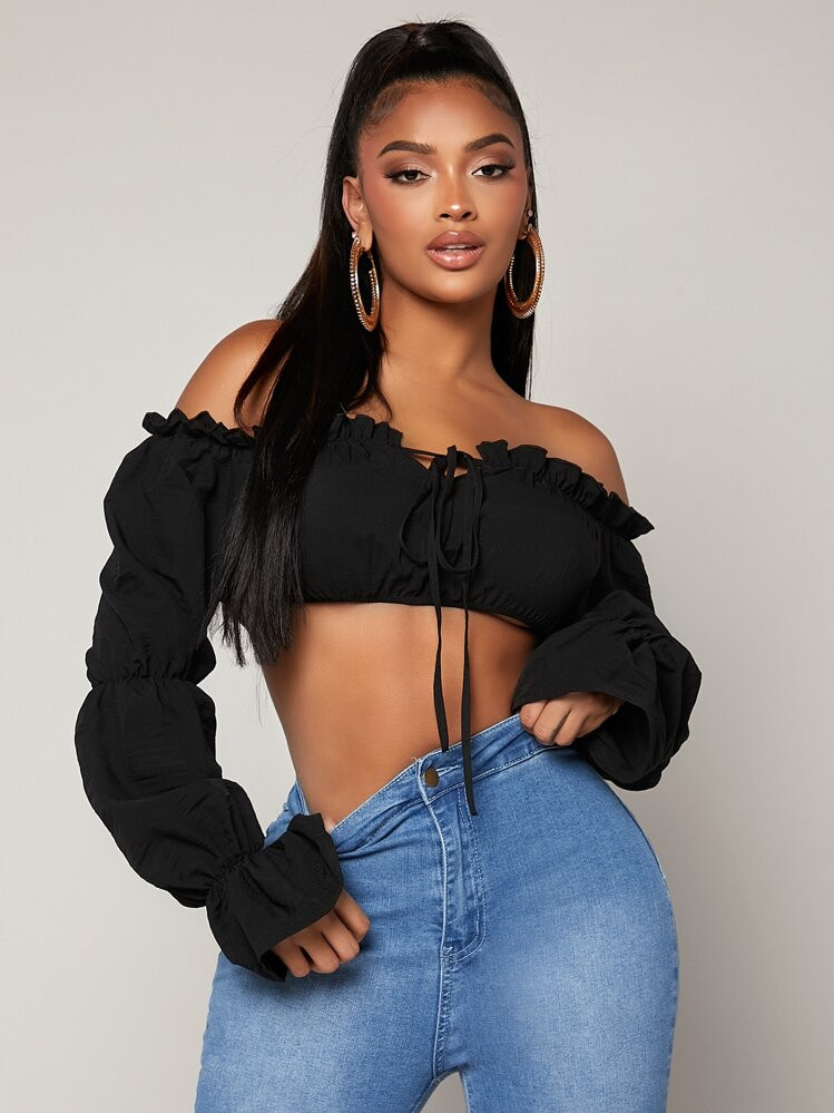 SHEIN BAE Gathered Sleeve Tie Front Frill Trim Top | SHEIN