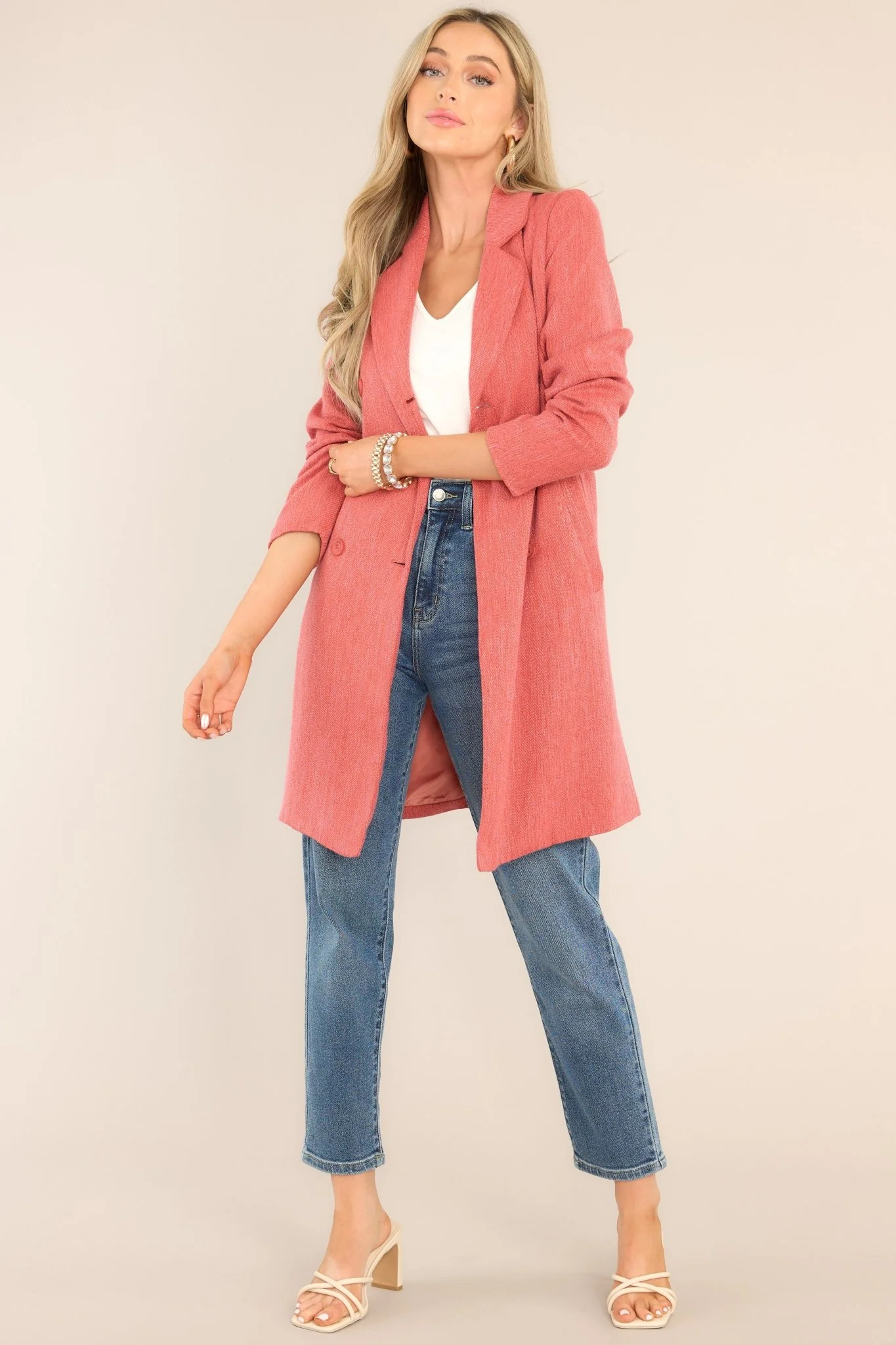 On A High Note Porcelain Rose Pink Coat | Red Dress