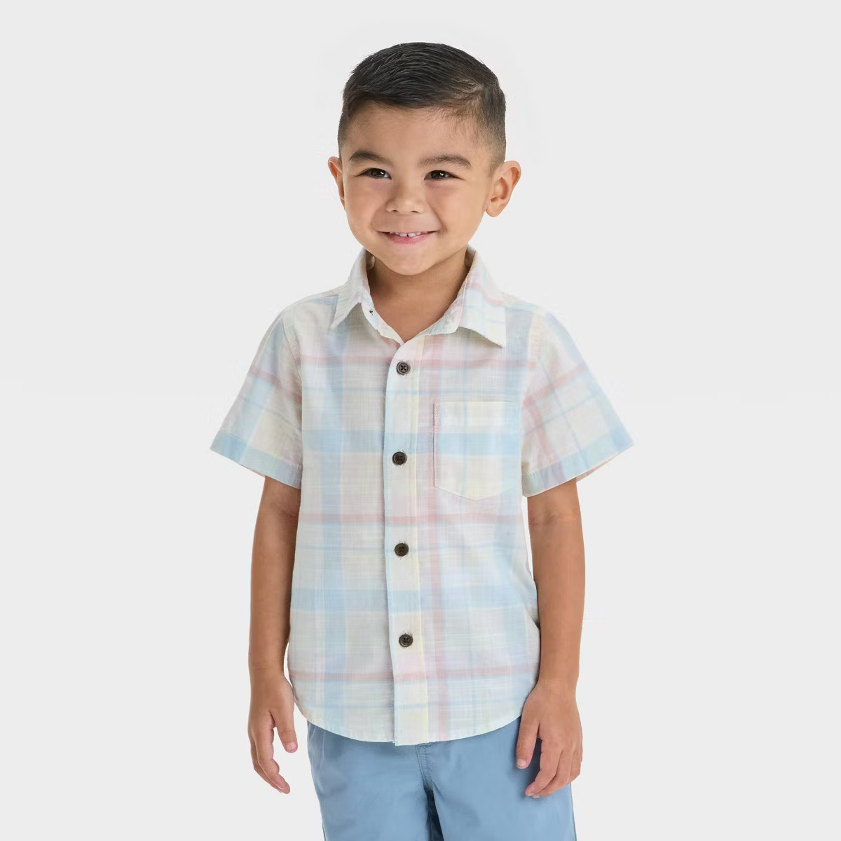 Toddler Boys' Short Sleeve Poplin Button-Up Shirt - Cat & Jack™ Cream/Blue/Pink | Target