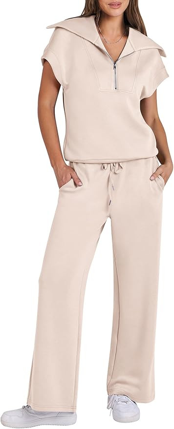 Caracilia Women 2 Piece Sets Summer Outfits Casual Half Zip Sweatshirt Sweat Pants Tracksuits Tra... | Amazon (US)