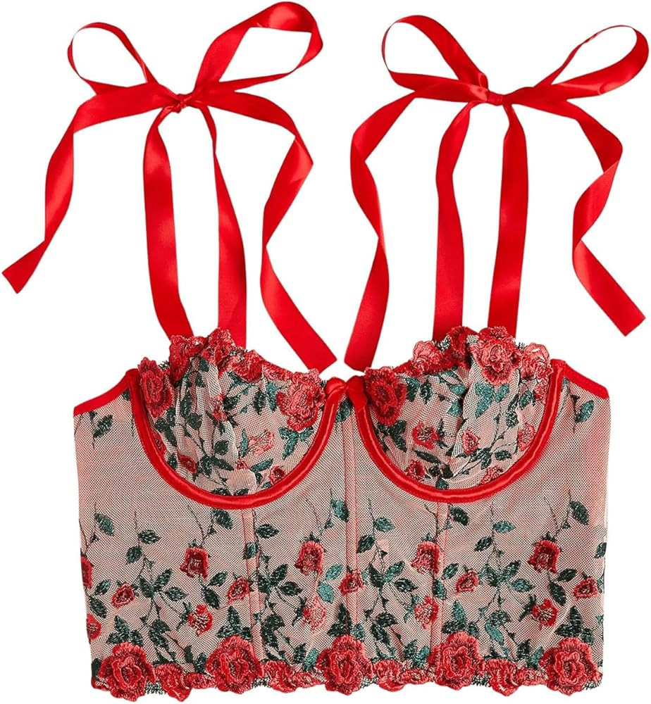OYOANGLE Women's Floral Embroidery Tie Shoulder Bustier Corset Tops Sheer Mesh Push Up Underwired... | Amazon (US)