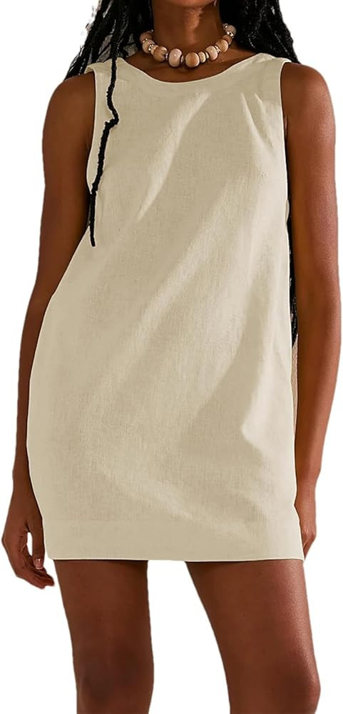 Womens Summer Dresses Linen Dress Round Neck Back Less Mini Beach Sunny Casual Dresses for Women ... | Amazon (US)