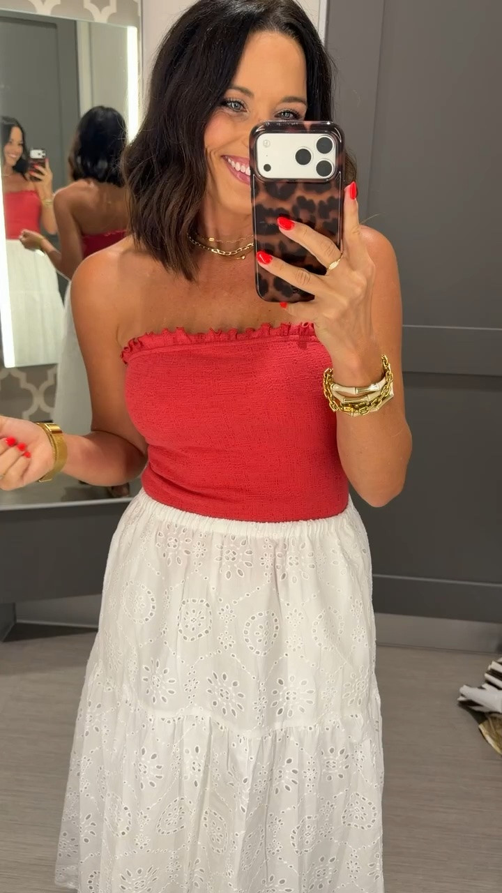The easiest summer outfit that looks so put together ❤️

I love a good red and white combo for summer, and this one is both comfy and flattering. The smocked tube top pairs perfectly with this eyelet skirt, but you could easily style each piece separately with denim shorts, white jeans, or a simple tank. Such a cute look for vacations, brunch, or summer!
Size XS, 5’3 for reference

#TargetStyle #TargetFinds #TargetFashion #SummerStyle #AffordableFashion #LTKStyle #LTKFinds #OOTD #SummerOutfit #TargetNewArrivals
