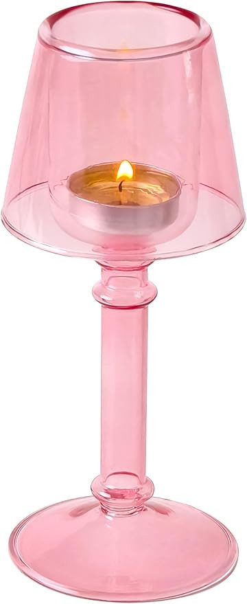 Pink Glass Hurricane Candleholder - Desk Lamp Shaped Glass Hurricane Candle Holder Crystal Decora... | Amazon (US)