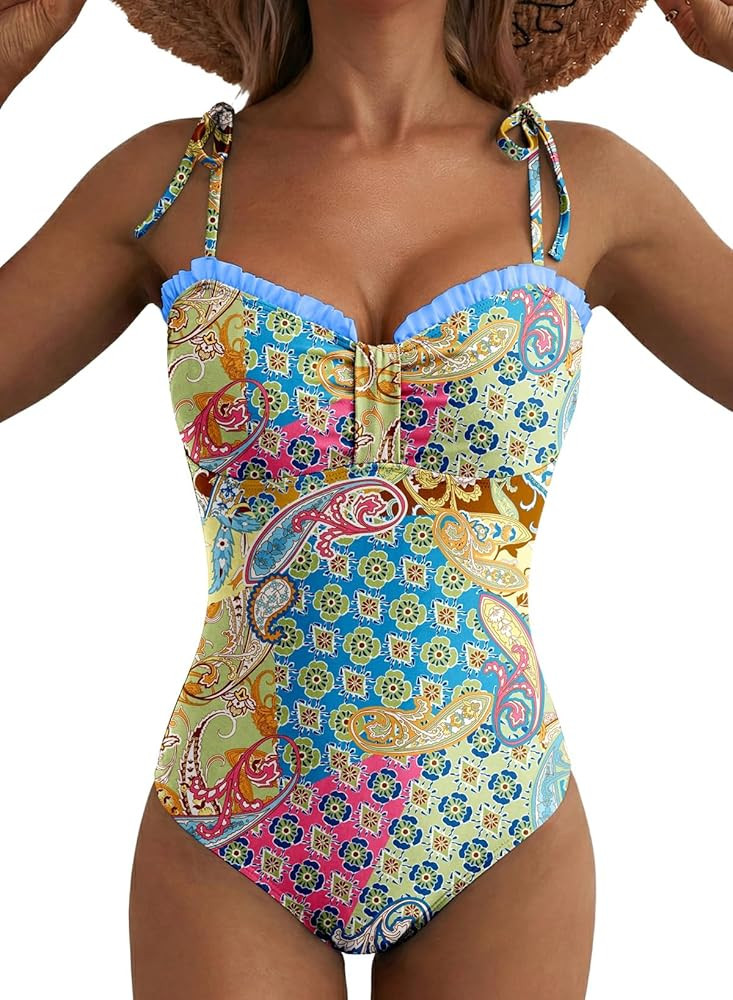 Herseas Women\u2019s Striped One Piece Swimsuits Tie Shoulder High Cut Tummy Control Bathing Suit... | Amazon (US)