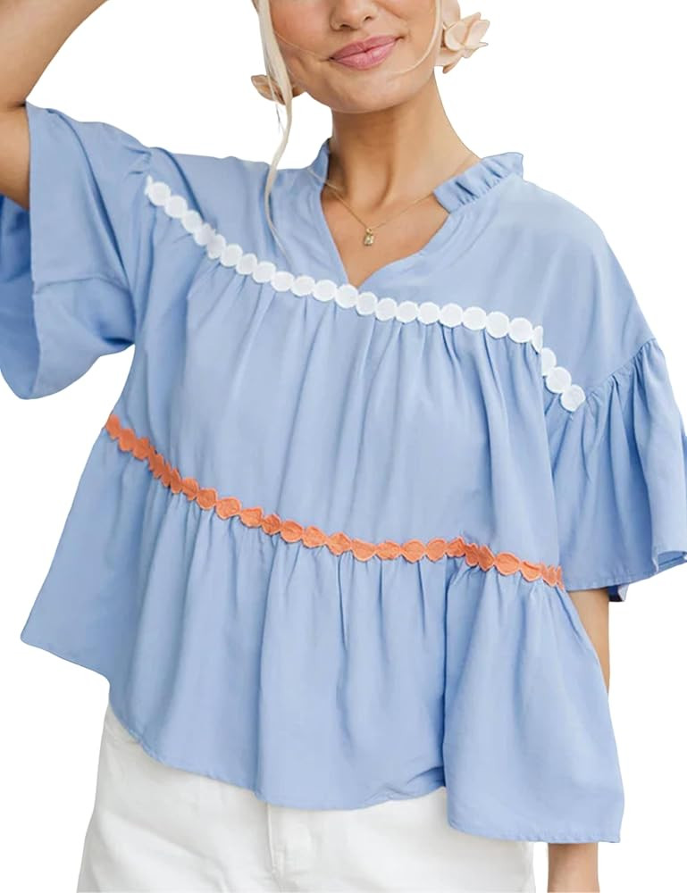 APAFES Womens Summer Babydoll Tops Cute V Neck Short Sleeve Shirts Loose Fit Peplum Blouse | Amazon (US)
