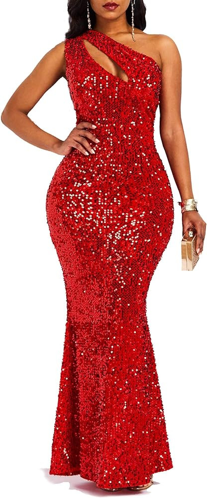 VERWIN Sequins Fashion Sleeveless Oblique Collar Mermaid Women's Maxi Dress Bodycon Dress Party D... | Amazon (US)