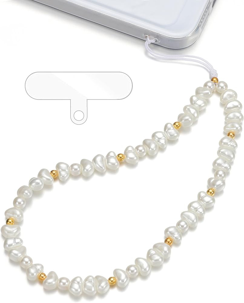 TRBR White Baroque Pearl Phone Charm Wrist Strap, Gold Beaded Lanyard Wristlet Chain, Elegant Bra... | Amazon (US)