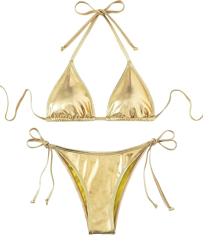 SOLY HUX Women's Metallic Halter Top Two Piece Swimsuit Tie Side Triangle Bikini | Amazon (US)