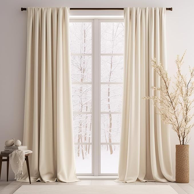 Lazzzy Beige Velvet Curtains Thermal Insulated Curtains 96 Inch Long Room Darkening Heavy Duty So... | Amazon (US)