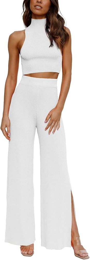 ARTFREE Womens 2 Piece Outfits Sets Casual Sweatsuits Streetwear, Ribbed Knit Palazzo Wide Leg Pa... | Amazon (US)