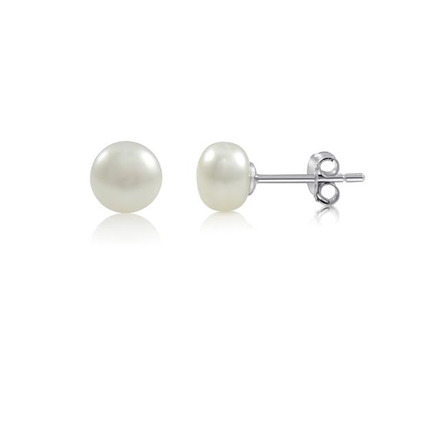 Freshwater Cultured White Pearl Button Rhodium Plated 925 Sterling Silver Stud Earrings | Amazon (US)