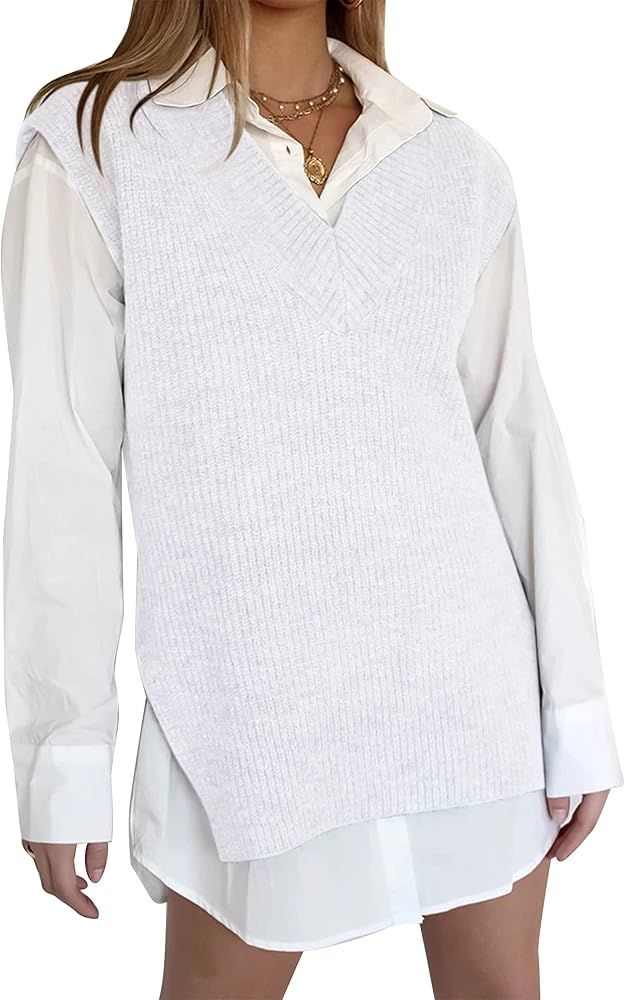 Cowasto Womens Oversized V Neck Knit Vests Sweater Retro Solid Sleeveless Sweater Pullover | Amazon (US)