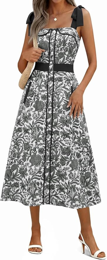 Wenrine Womens Summer Floral Midi Dress Casual Tie Strap Sleeveless Smocked Button Boho Flowy Bea... | Amazon (US)